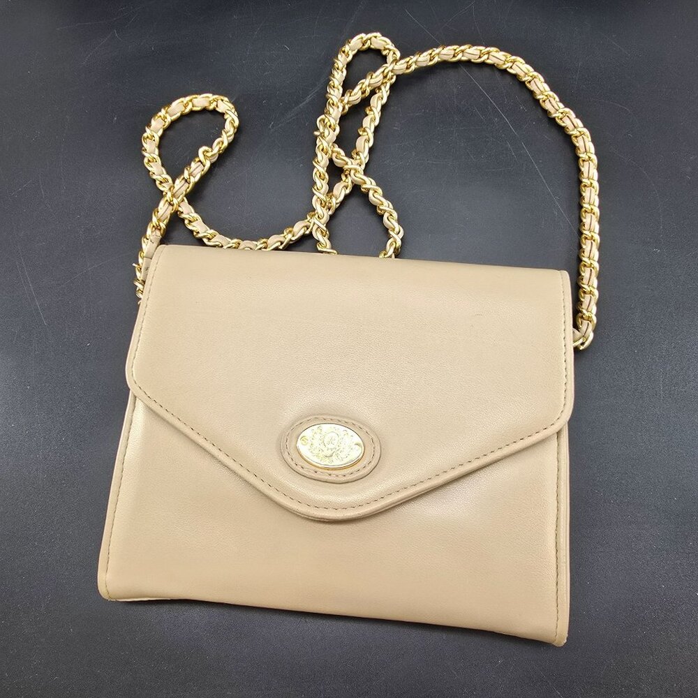 Vintage Rosetti Beige Leather Crossbody Bag Gold Chain Strap Snap Closure HS118